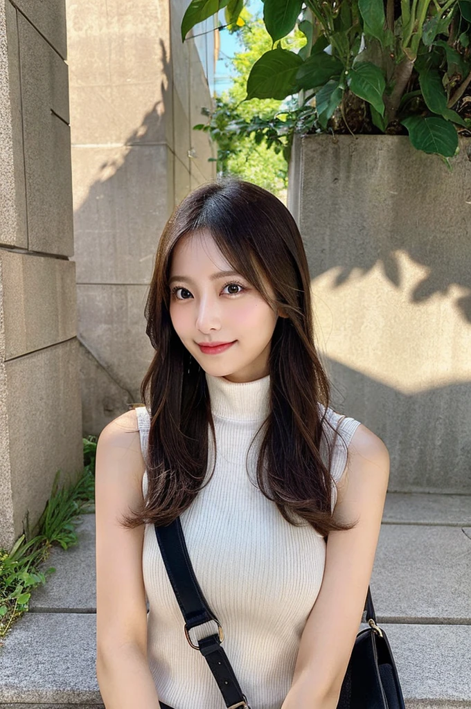 ((paisura))、Big Tits、crossbody, strap between breasts、double eyelid、big 、Highest quality, shape, Very detailed, Fine details, High resolution, 8k, Perfect dynamic composition, Beautiful details, ,Natural color lip, A shy smile,Beautiful 20 year old woman、The only person, Correct posture、Cute type、Looking into the camera、Turtleneck Sleeveless、Paisura、Hold the strap of your bag between your chest、One bag