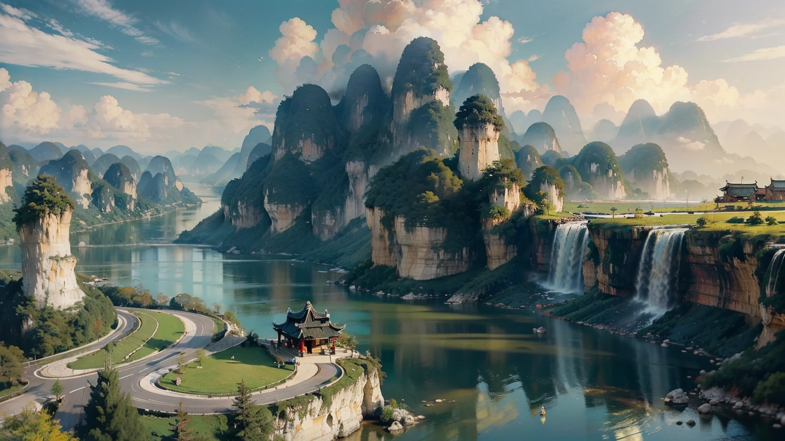 A beautiful detailed landscape of the Guilin mountains, featuring the iconic karst formations, winding rivers, and serene blue skies with fluffy clouds, capturing the essence of Chinese landscape painting, no cars, breathtaking scenery