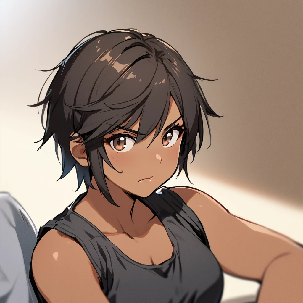 1 girl, tomboy, black hair, short hair, dark skin brown eyes, tanktop, mature