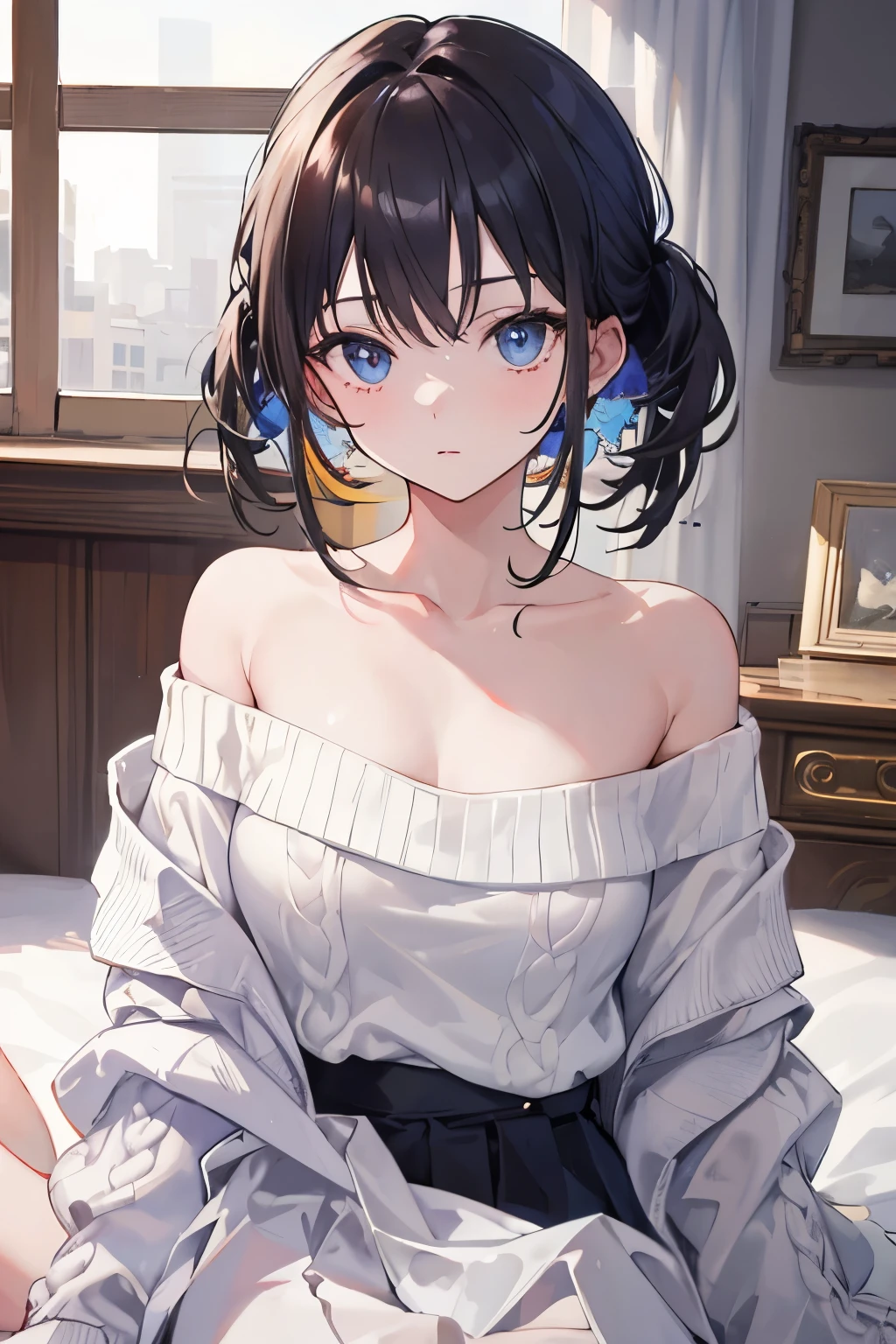 ((best quality)), ((masterpiece)), (detailed), 1girl, off-shoulder sweater,