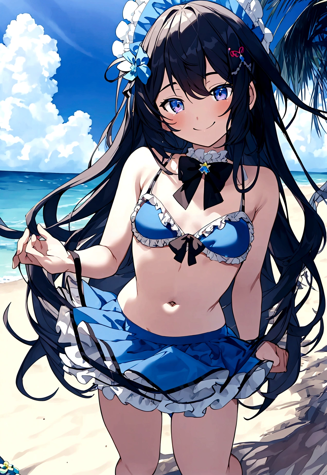 (masterpiece), best quality, 8k,neuro-sama,(flat chest),fullbody,frilly bikini skirt, blue bikini,frilly bikini top,standing straight,toned stomach,beach,smiling,1girl