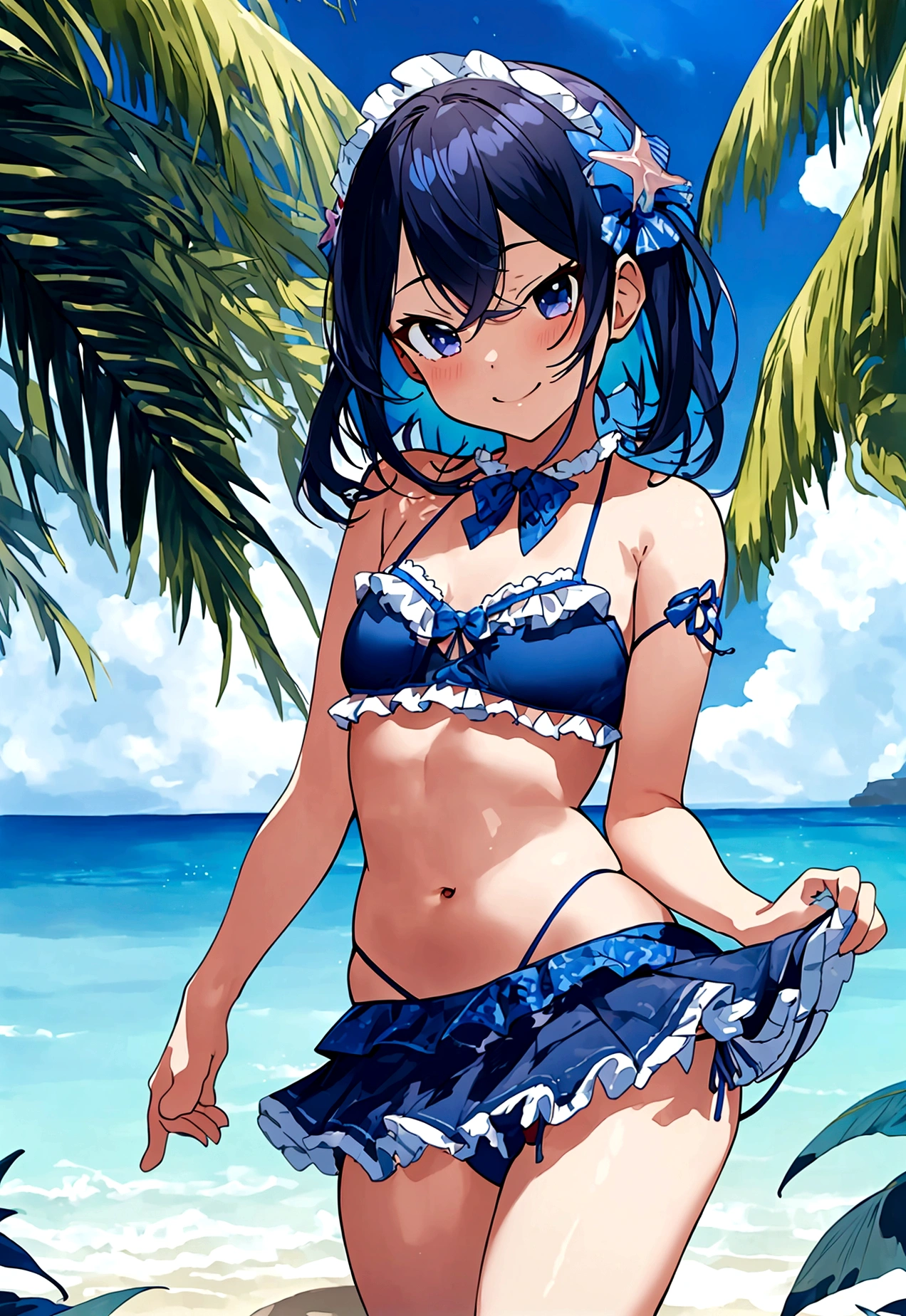 (masterpiece), best quality, 8k,neuro-sama,(flat chest),fullbody,frilly bikini skirt, blue bikini,frilly bikini top,standing straight,toned stomach,beach,smiling,1girl