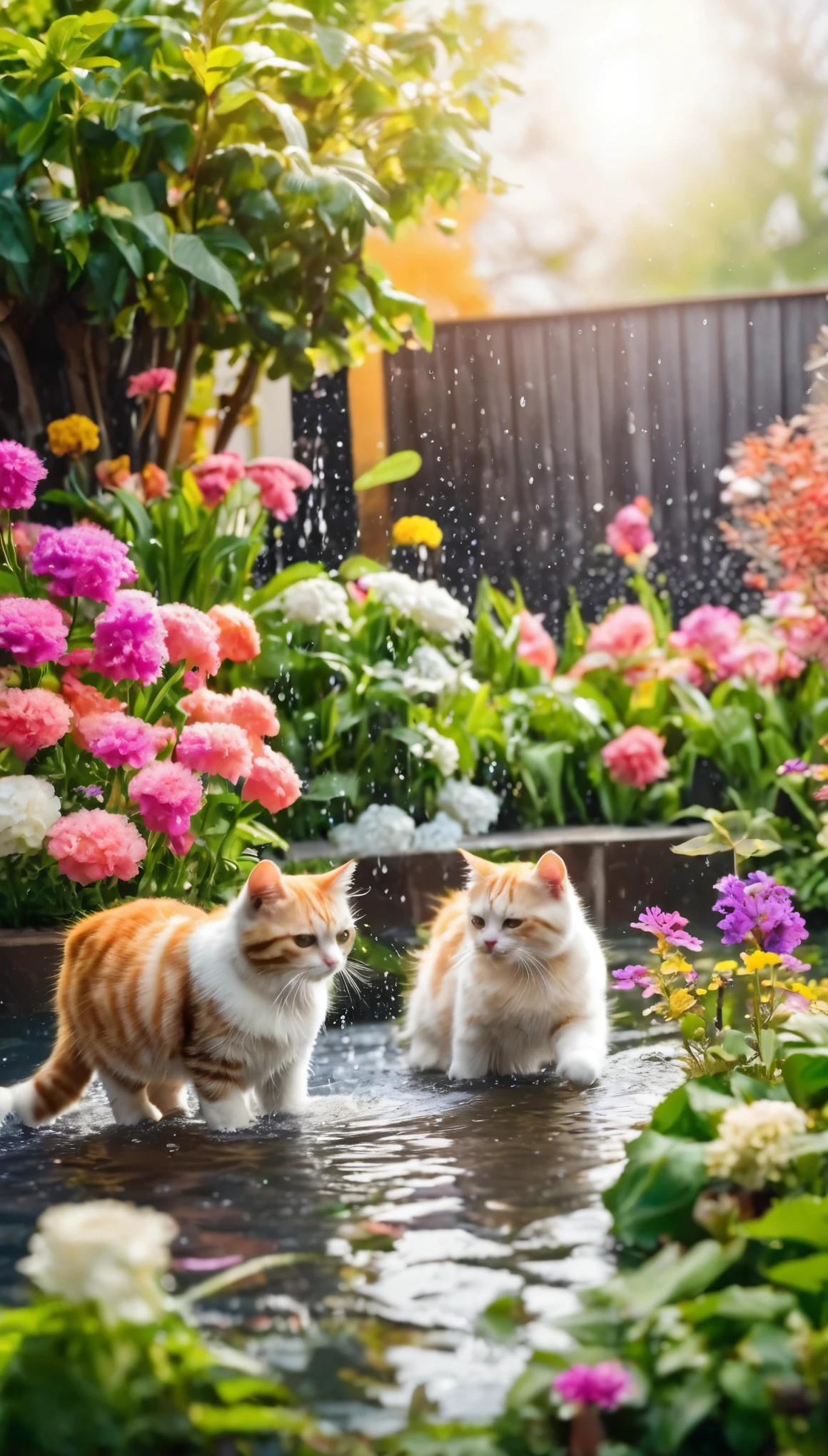 some adorable cats are playing water in the garden with amount flowers and trees in winter season