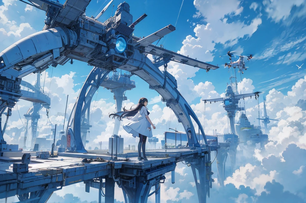 full body, looking at viewer,1 girl,tech,future,blue sky with drone flying