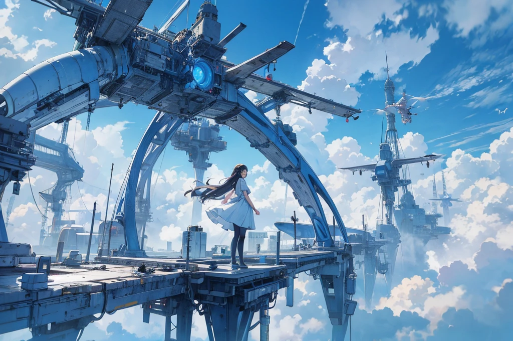 full body, looking at viewer,1 girl,tech,future,blue sky with drone flying 