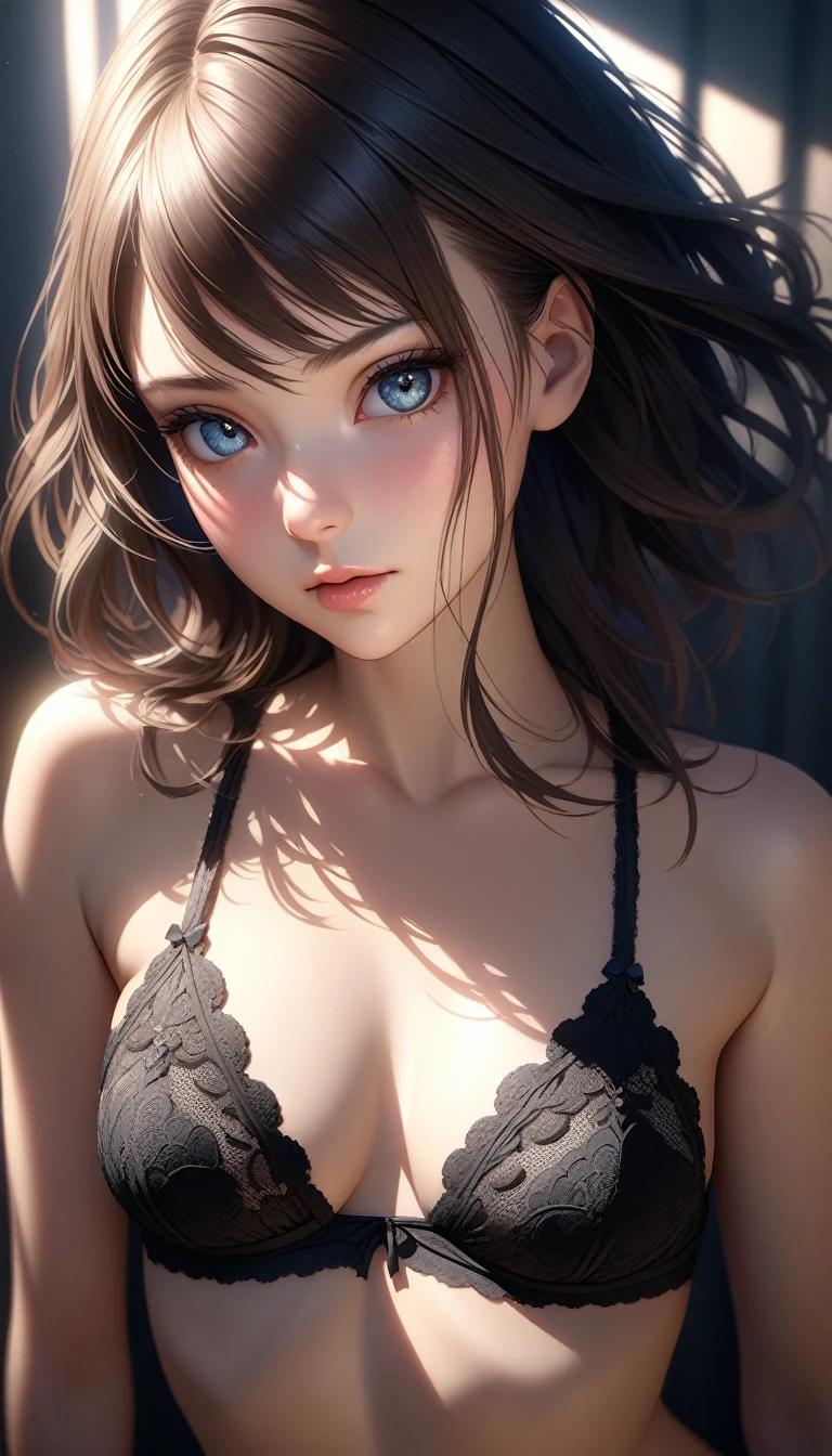 photorealistic,slender female in stylish black lace lingerie,detailed facial features,beautiful eyes,extremely detailed face and skin,high quality,8k,HDR,physically-based rendering,natural lighting,intricate details,dramatic shadows,vibrant colors,cinematic composition