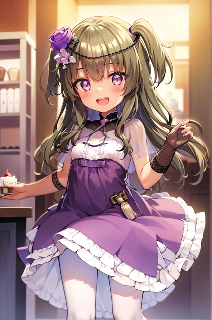 Himari Mei, masterpiece, loli, flat chest, cute and shy smile, highly detailed sparkling brilliant purple eyes, open mouth slightly, standing in gorgeous patisserie, Looking back at the cake