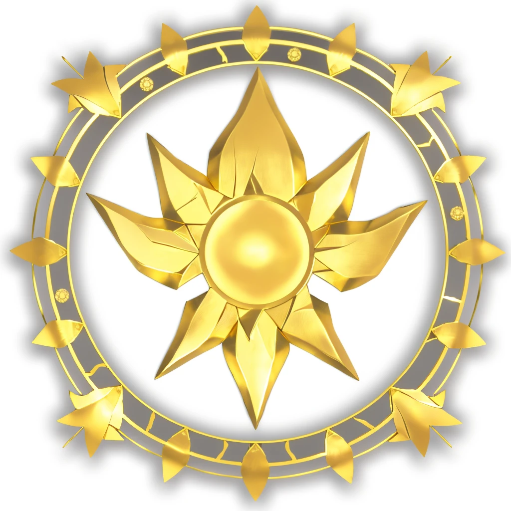 a gold leaf in a circular frame with a black background, golden sun, gungnir, medallion, imperial symbol, symmetry!! concept art, shurikens, golden circlet, emblem of wisdom, leviathan cross, sigil, the dark sun of athas, protoss!!, protoss!!!!, ancient symbol behind it, cathedral of sun, shiny!!