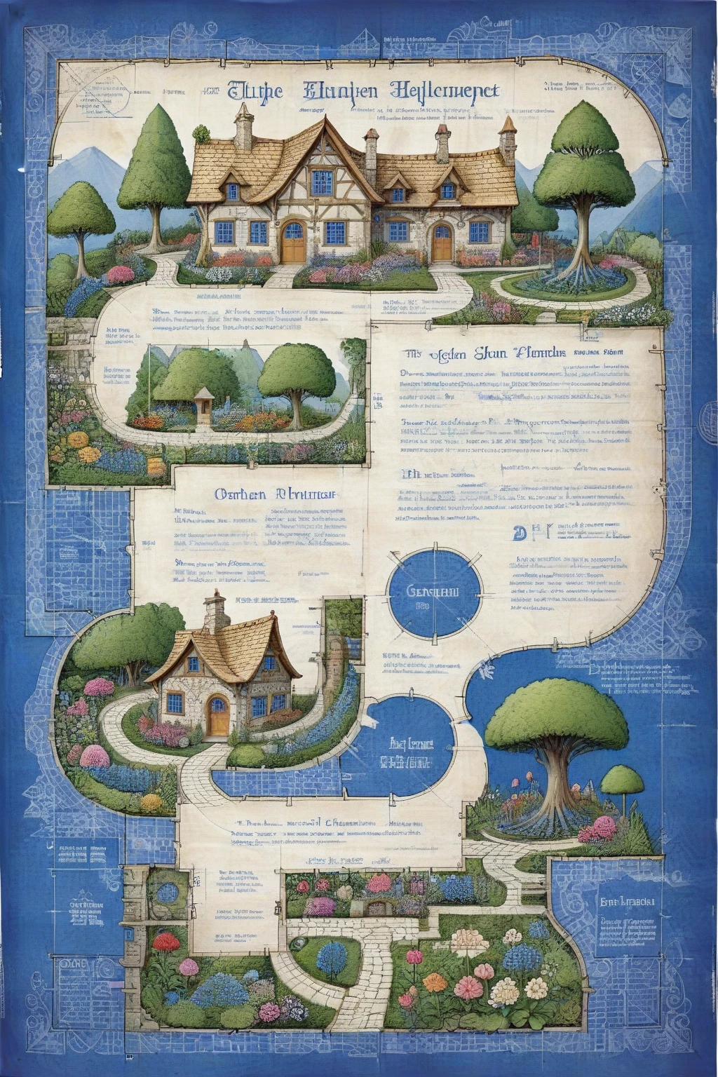 ON PARCHMENT,INK ILLUSTRATION,bl3uprint,A detailed blueprint for the construction of an elf garden,a fairytale-style wooden house,a large number of flowers,flower borders,stone roads,low bridges,detailed labeling text,grid lines,