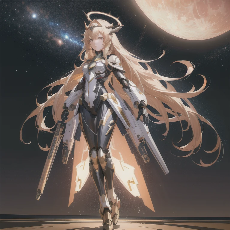 masterpiece,photorealistic,realistic,best quality,highres,extremely detailed CG wallpaper,detailed face,1girl,very long hair,floating hair,small breasts,full body,bokeh,cinematic lighting,chiaroscuro,mecha musume, headgear,mechanical arms, bodysuit,moon,starry sky,galaxy,mechanical horns,mechanical halo,