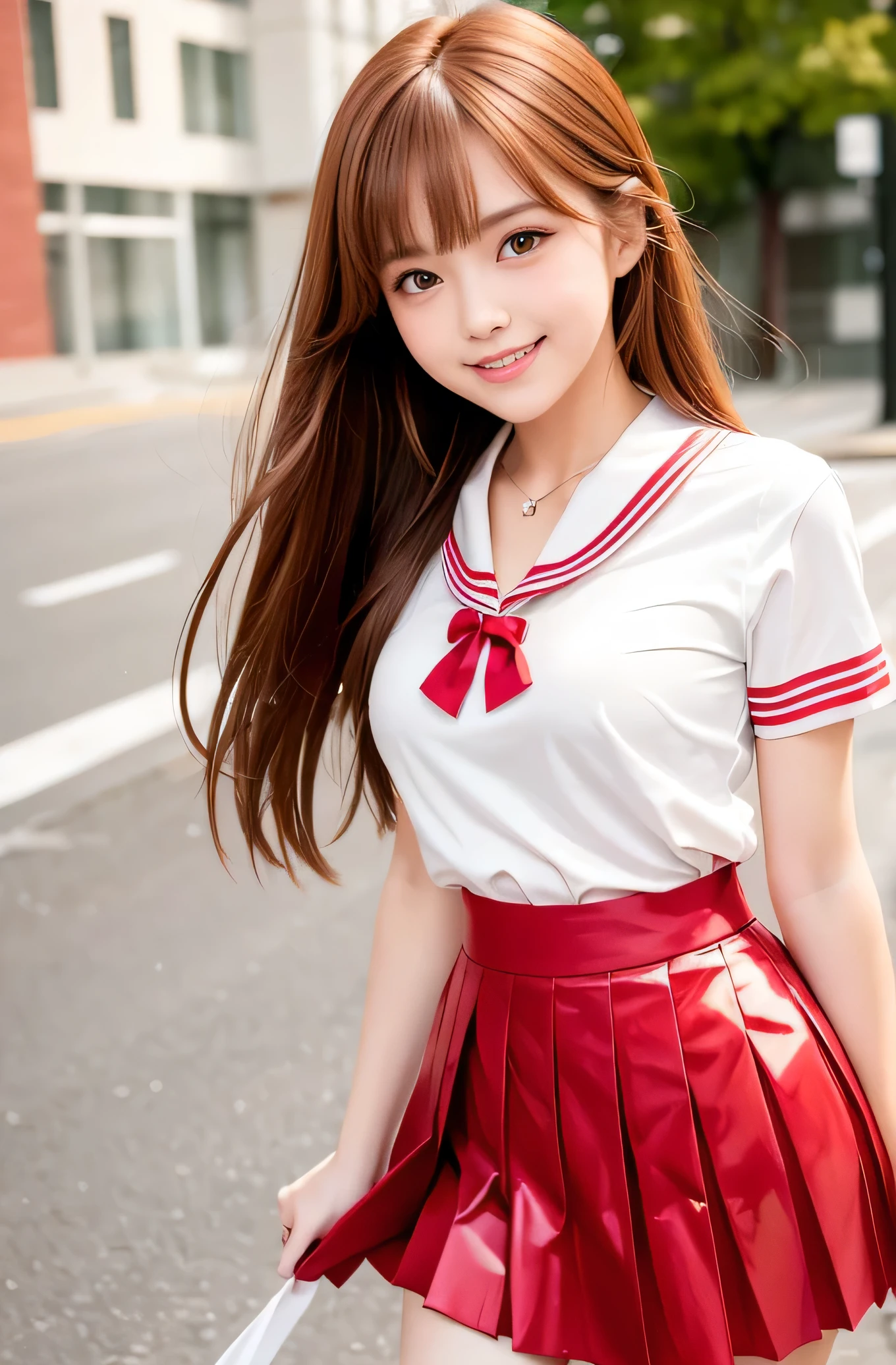 Angelic Very beautiful cute young girl, Beautiful detailed eyes , 
Detailed double eyelids, 
(Large eyes:1.3),
Long straight brown hair, 
see-through bangs, 
beautiful detailed face and eyes, 
small straight nose, 
small mouth,
smiling, 

BREAK (super shiny light red sailor high school uniform:1.3),(super shiny light red pleated skirt :1.3), (light red sailor collar high school uniform),(smiling:1.3)

Walking,
Costume lighting,
In the street ,
(Brown hair:1.2)