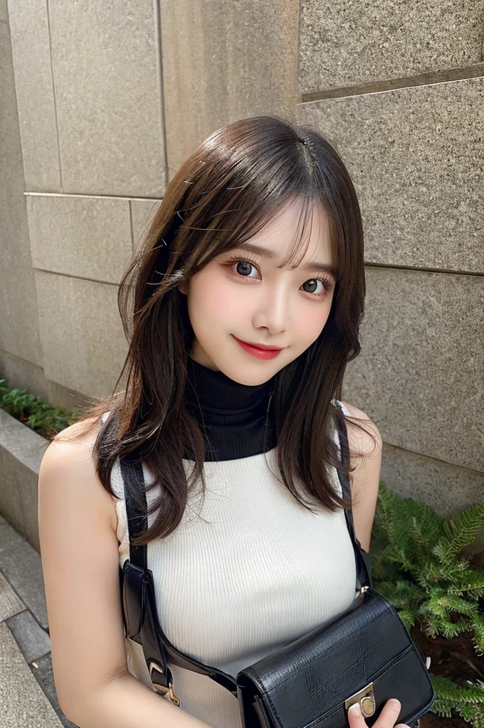 ((paisura))、Big Tits、double eyelid、big 、Highest quality, shape, Very detailed, Fine details, High resolution, 8k, Perfect dynamic composition, Beautiful details, ,Natural color lip, A shy smile,Beautiful 20 year old woman、The only person, Correct posture、Cute type、Looking into the camera、Turtleneck Sleeveless、Paisura、Hold the strap of your bag between your chest、One bag、Black Hair