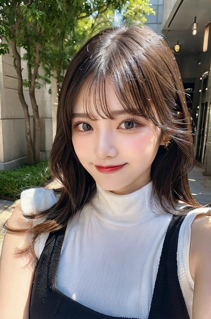 ((paisura))、Big Tits、double eyelid、big 、Highest quality, shape, Very detailed, Fine details, High resolution, 8k, Perfect dynamic composition, Beautiful details, ,Natural color lip, A shy smile,Beautiful 20 year old woman、The only person, Correct posture、Cute type、Looking into the camera、Turtleneck Sleeveless、Paisura、Hold the strap of your bag between your chest、One bag、Black Hair
