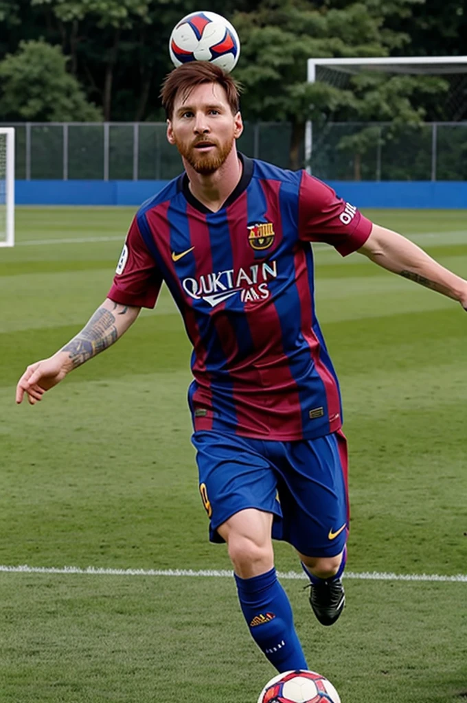 Lionel messi playing football with a hat on his head