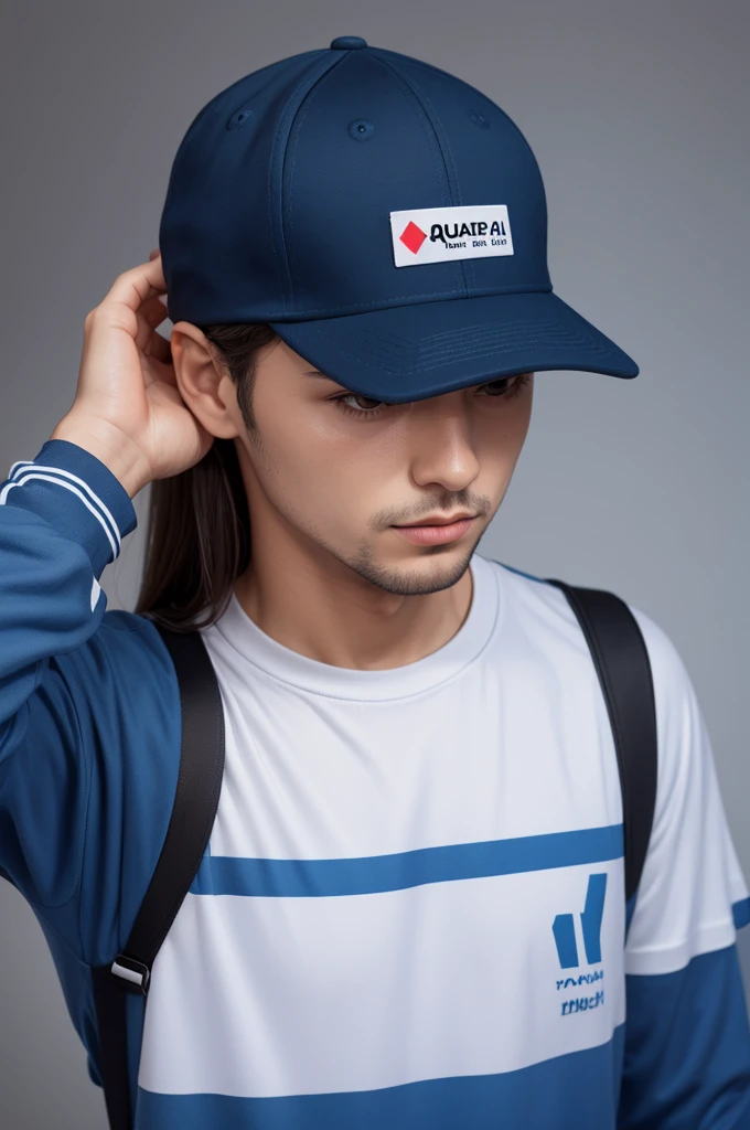 Create a 3d cap with the logo on the front saying "sua marca aqui"