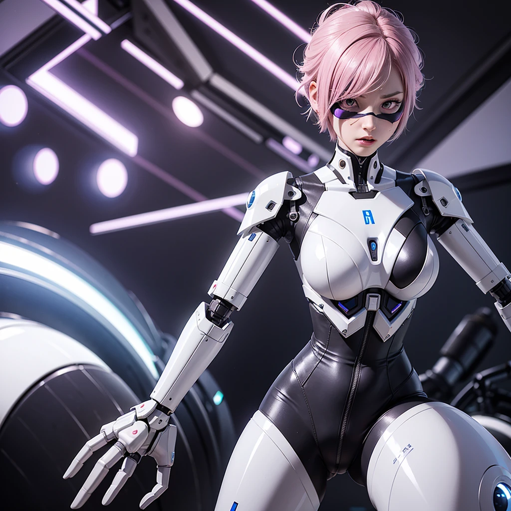 a girl with a full white cyborg body, featuring sleek and high-tech components. She has short pink hair, purple eyes, and an angry expression. She is wearing a robot mask that partially obscures her face, with her polished mechanical limbs and torso emphasizing her intense emotions.