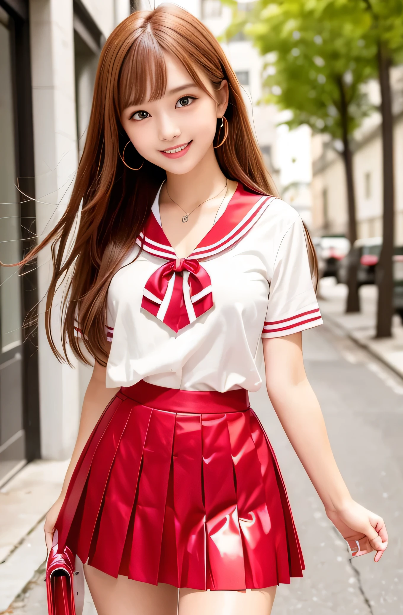 Angelic Very beautiful cute young girl, Beautiful detailed eyes ,
Detailed double eyelids,
(Large eyes:1.3),
Long straight brown hair,
see-through bangs,
beautiful detailed face and eyes,
small straight nose,
small mouth,
smiling,
BREAK (super shiny light red sailor high school uniform:1.3),(super shiny light red pleated skirt :1.3), (light red sailor collar high school uniform),(smiling:1.3)
Walking,
Costume lighting,
In the street ,
(Brown hair:1.2)