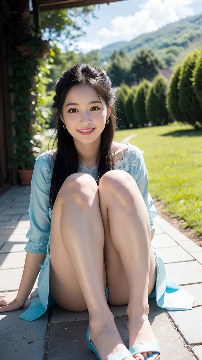 HDR,UHD,8K,Best Quality,Masterpiece,High Detail,Ultra Realism,1 Girl,Full Body,Looking at the Camera,Upskirt,Sitting on the Ground,Legs Spread,Bow,Jewelry,Lace,White Panties,Long Hair,(a charming smile:1),Straight Hair,Portrait,Mystic Forest,Firefly,Bokeh,Mystery,Night,Sky,Clouds,Lakeside,