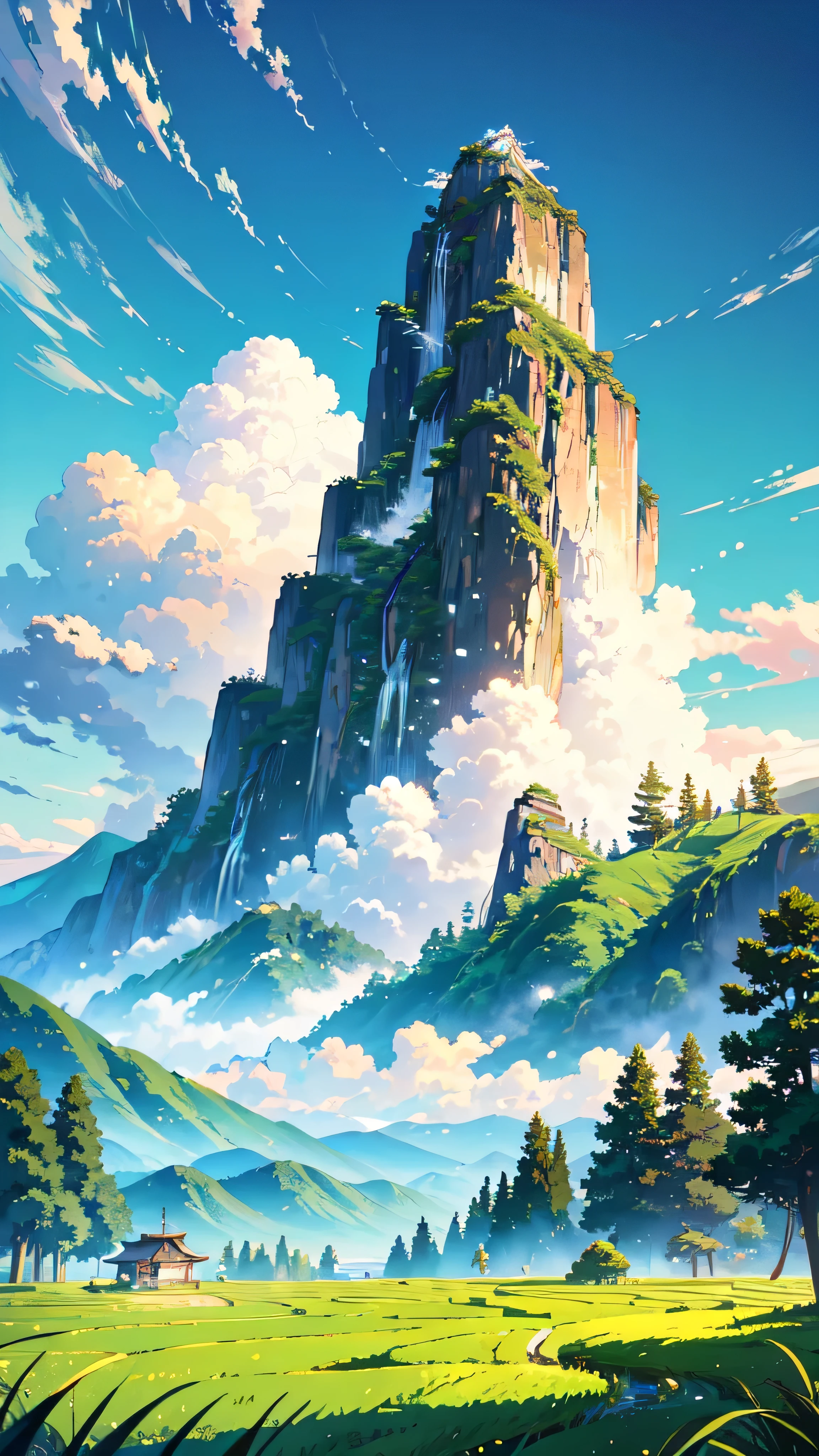 masterpiece, Highest quality, {Highest quality}, {{masterpiece}}, {High resolution}, Anime Style, Rice field and mountain scenery, summer, sun and cumulonimbus clouds,real、Green mountains and old Japanese house,Clear blue sky