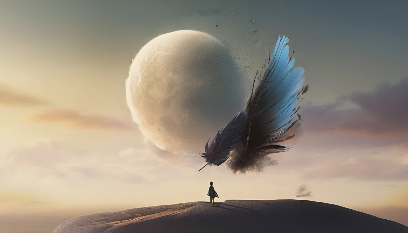 masterpiece, 4k, sharp focus, highest quality,wide shot. Imagine a book cover that conveys a sense of nostalgia and storytelling. The title of the book is " Penamemoria". Is a book about the creative, unique journey of a boy into becoming a musician storyteller. In his journey he finds a magical feather and a dreamy bird. Minimalistic, modern, dreamy logotype at the bottom of the book cover