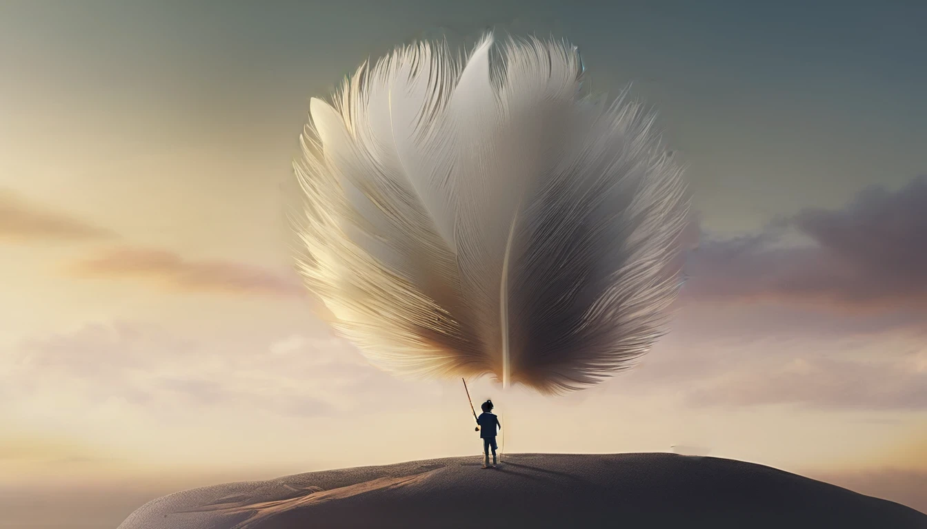 masterpiece, 4k, sharp focus, highest quality,wide shot. Imagine a book cover that conveys a sense of nostalgia and storytelling. The title of the book is " Penamemoria". Is a book about the creative, unique journey of a boy into becoming a musician storyteller. In his journey he finds a magical feather and a dreamy bird. Minimalistic, modern, dreamy logotype at the bottom of the book cover