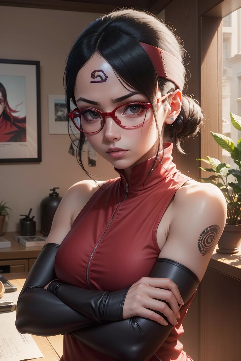 (high resolution,Obra de arte:1.2),ultra-detalhado,realista,profissional,lindos olhos detalhados,beautiful detailed lips,cabelo escuro,cabelo preto curto,red glasses,olhos negros deslumbrantes,Pele limpa, de 18 anos,penteado curto na moda,vibrant red glasses,Academia Shinobi,fierce determination,postura confiante,roupa carmesim,intense gaze,Background full of ninjutsu techniques,shadows skillfully accentuating your features,subtle studio lighting,sublime realism,tons de cores marcantes