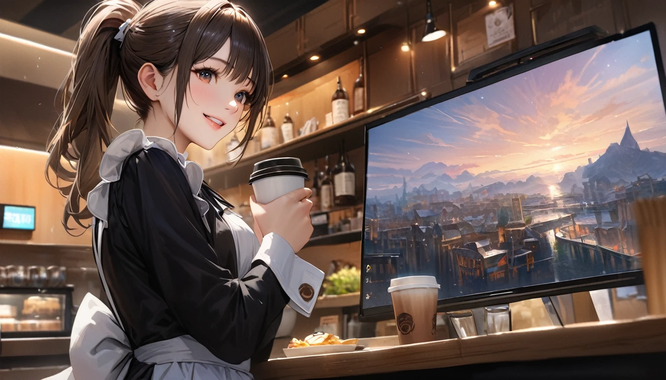 Coffee shop, Maid clothes,Carrying a coffee cup,Blur the background,High school girls,ponytail,smile,Glitter effect,Highest quality, 4K, 8k, High resolution, masterpiece:1.2, Very detailed, Realistic:1.37, High resolution, 超High resolution, Ultra-fine painting, Sharp focus, Physically Based Rendering, Very detailedな説明, Professional, Vibrant colors