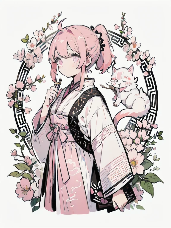 highest quality、4K、1 person、-yeld gievening、garden、Cat Eyes、A girl , oasis, Brush sticker, Double Ponytail, Triple White, Tartan,Pastel pink gradient hair,, White Background、Perfect Anatomy、traditional chinese national costume