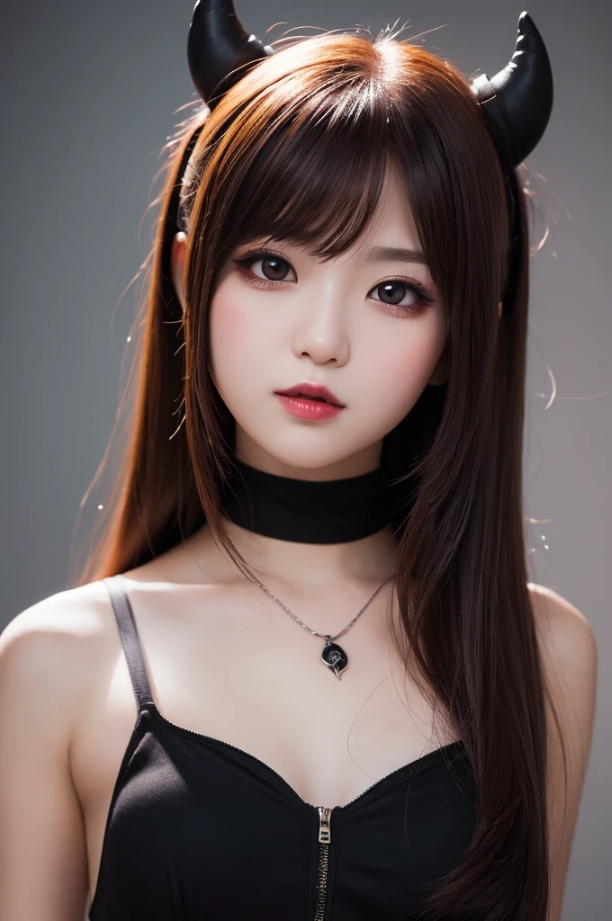 (((masterpiece))),High resolution,Absurd,(((Highest quality))),Official Art,Perfect lighting,View your viewers,Simple Background,
One girl,Scion Jimery,Devil Girl,Devil horns,Devil's Tail,Long Hair,blush,smile,Crop top,Long sleeve,Bare shoulders,Removable sleeves,tie,abdomen,belt,Black Skirt,tie between breasts,Cleavage,