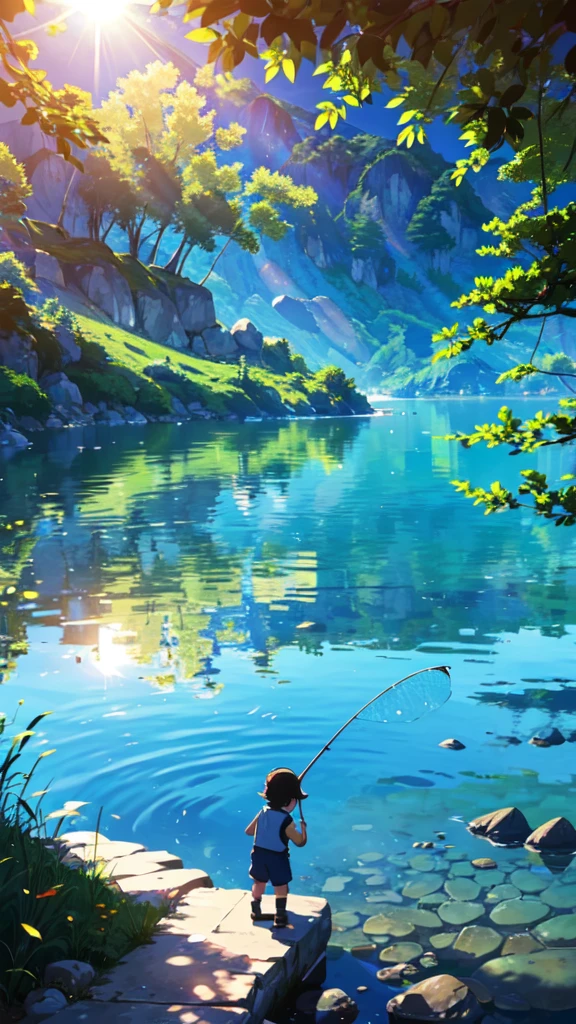 A little boy fishing on a beautiful lake, clear blue skies, sunshine,