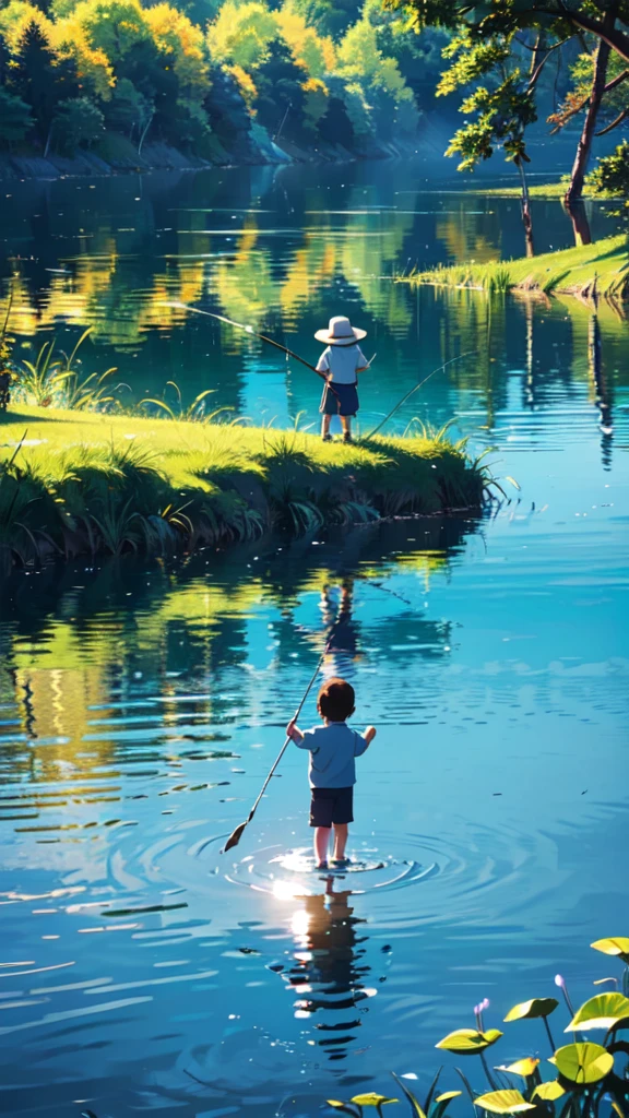 A little boy fishing on a beautiful lake, clear blue skies, sunshine,