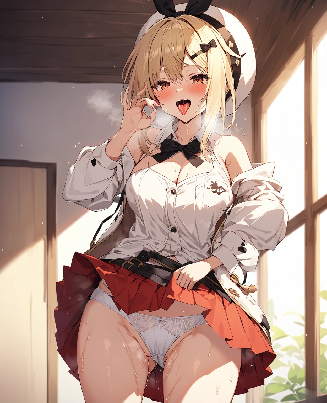 ((solo girl)),((Perfect body,))((Super beautiful,))((High quality,)),in bedroom,((Perfect body,))((Super beautiful,))((High quality,))breast,collar,nswf,cowboy shot, ((Reisalin Stout,Atelier Ryza,hat,hairbow,blond hair,brown skin,white blazer ,very short red Pleated skirts,))Pleated skirts that are too short and expose underwear,(white sexual underwear,)(Heavy breathing,saliva, sweat, Sweaty and wet all over,)(Lift up the hem of her skirt to show off her crotch),((open mouth,tongue out,Fellatio gesture,))Smile,