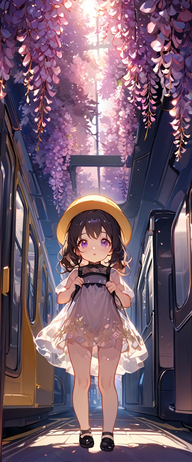 Wisteria flower, Wisteria tree, Wisteria Background, 8k ,4K , 最high quality, high quality, Masterpieces inspired by Askajean artists : Question, Art Style : Question,(((dress liftTransparent see-through skirt))),naked　NSFW　Long Hair　Black Hair　Toddler girl　5 　(A look at a see-through blouse)　(See through the see-through skirt)　Cherry tree in full bloom 　Elementarom below　No pants　((Standing on the train))　black school hat