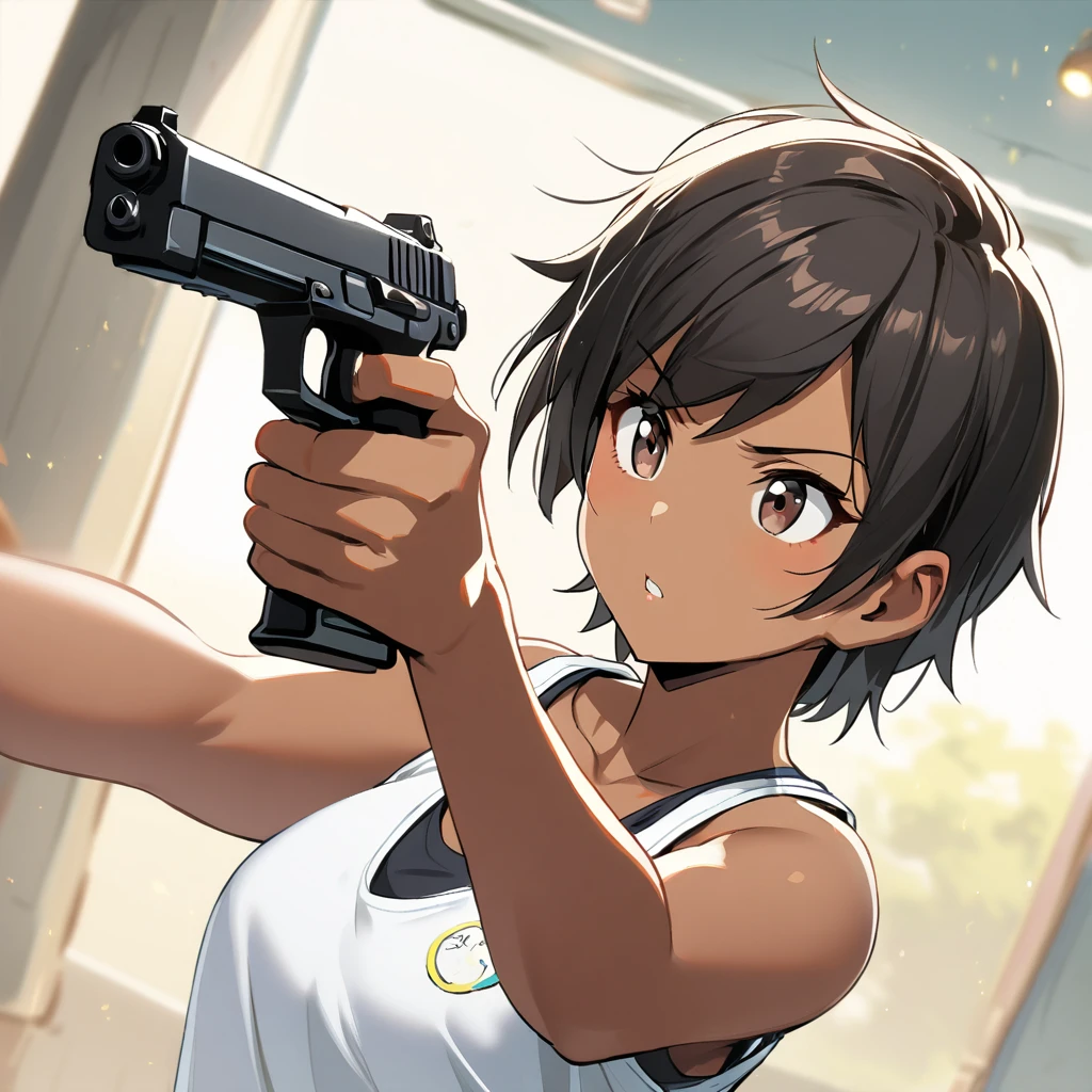 1 girl, tomboy, black hair, short hair, dark skin brown eyes, tanktop, maturem, using gun