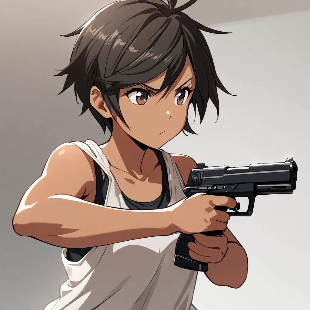 1 girl, tomboy, black hair, short hair, dark skin brown eyes, tanktop, maturem, using gun