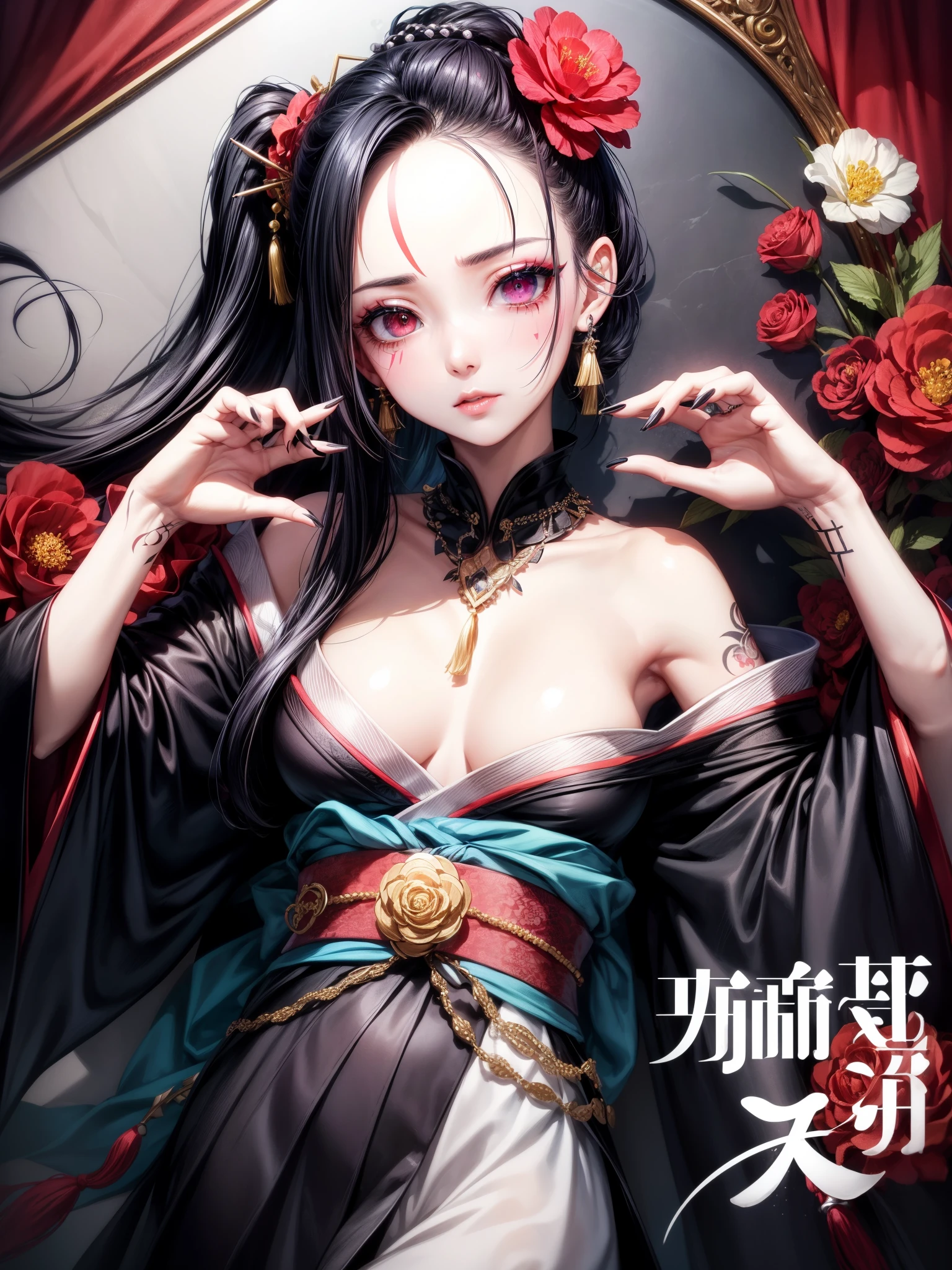 (((((roll up bandage sideways on a chest tightly to cover the chest without gaps))))), (((bandage samweways))), the bantage is no chest shape, flat chest, ((Japanese Gangster BOSS)), adult woman with the dignified presence, Killing Qi, wear nothing around shoulder, wear nothing around neck, wear the kimono, wear it below the waist, (I wind it up to control it, and to attach it), ((kimono come off)) ,wear the kimono multiple times, Bare shoulders and the clavicle, black and gold kimono, put on over jacket of kimono, (holding a japanese sword which shine in purple, The handole of the sword is black, and the blade is gray, long sword), eye fire, low angle, whole body, bandage is seen, anime character, Glaring, off sholder, nappropriate smile, Excellent, black blue hair, can see both shoulder, ((long kimono hem)), small face, ((some cherry blossam big tattoo on the arm)),((Sit with your legs folded)), ((background Japanese gate with circlr mark)),Muscular,drink sake,fullmoon in the sky, hide legs, The kimono is spreading,(((ultra-detailed)))