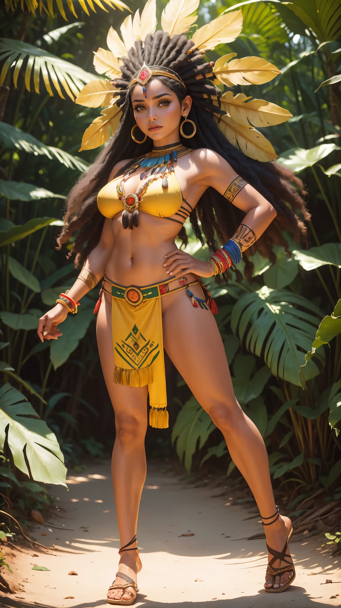 (((full body))), ((uma mulher de 28 anos em um traje nativo com penas)), rosto com pinturas nativas brasileiros, ((portrait of a 28 year old Brazilian indigenous woman Indigenous Goddess)), ((estilo maia)), ((Amazonian Indigenous Makeup)), ((Amazonian indigenous hair)), ((Amazonian mythology)), ((cocar de penas)), ((Headpiece com penas pequenas)), ((Create a Dramatic Lighting Image of a Native Brazilian Woman)), ((Warm and wise expression)), ((com dedos extremamente perfeitos)), ((Olhos extremamente perfeitos)), ((perfect hands)), ((mulher de 28 anos)), ((The Face with Indian Paint)), (((cabelo morena))),((pele morena clara))),  action pose, background floresta amazonica