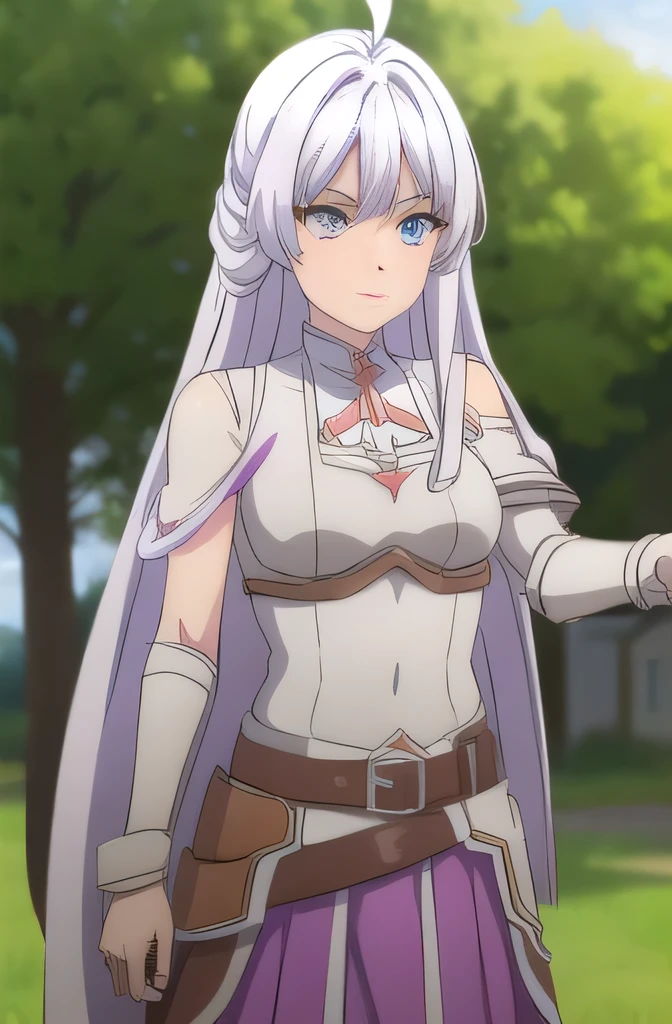 Kurehakrillet, Kureha Crelet, long hair, forehead, blue eyes, very long hair, Ahoge, gray hair,
break skirt, belt, Armor, Gauntlet,
break outdoors, forest, nature, grass, tree, sun, sky, cloud,
break looking at viewer, (cowboy shot:1.5),
break (masterpiece:1.2), best quality, high sun exposure, unity 8k wallpaper, (illustration:0.8), (beautiful detailed eyes:1.6), very detailed face, perfect lighting, very detailed CG, (perfect hands, perfect sun buoy),