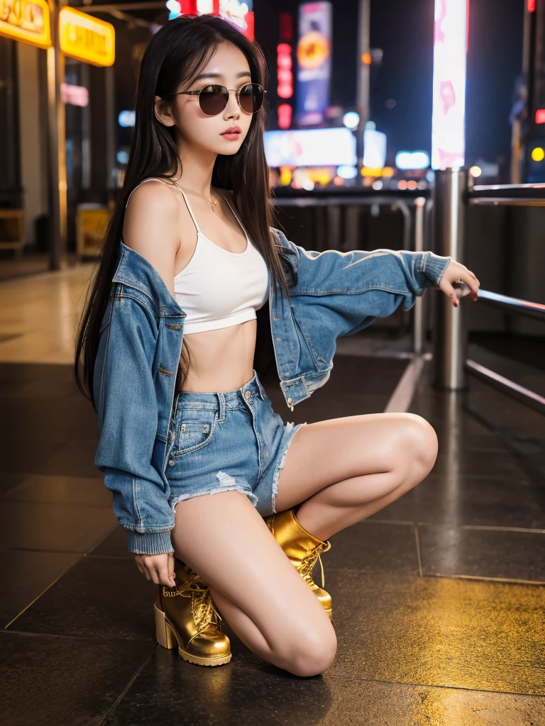 $masterpiece$,best quality, 8K,realistic photo,RAW photo, expressive eyes, perfect face,Front,A asian beautiful girl with flowing hair in shades of golden and blavk, wearing a holographic bomber jacket reflecting the spectrum of colors, white spaghetti strap crop top,ultra-short denim hot pants, and knee-high golden platform boots,She is kneeling on one knee on a floor illuminated by shimmering neon lights,
