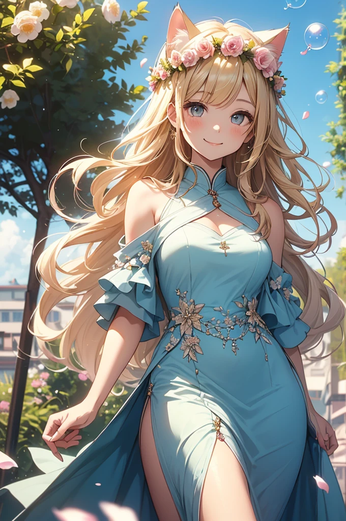 (Highest quality))、((masterpiece))、(detailed)、((soro girl)),masterpiece,best quality, high quality,ulutra detailed,Perfect Face、Daytime、Flower field background、((A voluminous flower crown))、Place both hands on head、((tall、woman、20th Generation、Cat ear、Sparkling Eyes、Blonde long hair)、、((high slit dress))、looking at viewer、good weather、smile、Many soap bubbles float、The wind is blowing、Petals fluttering、