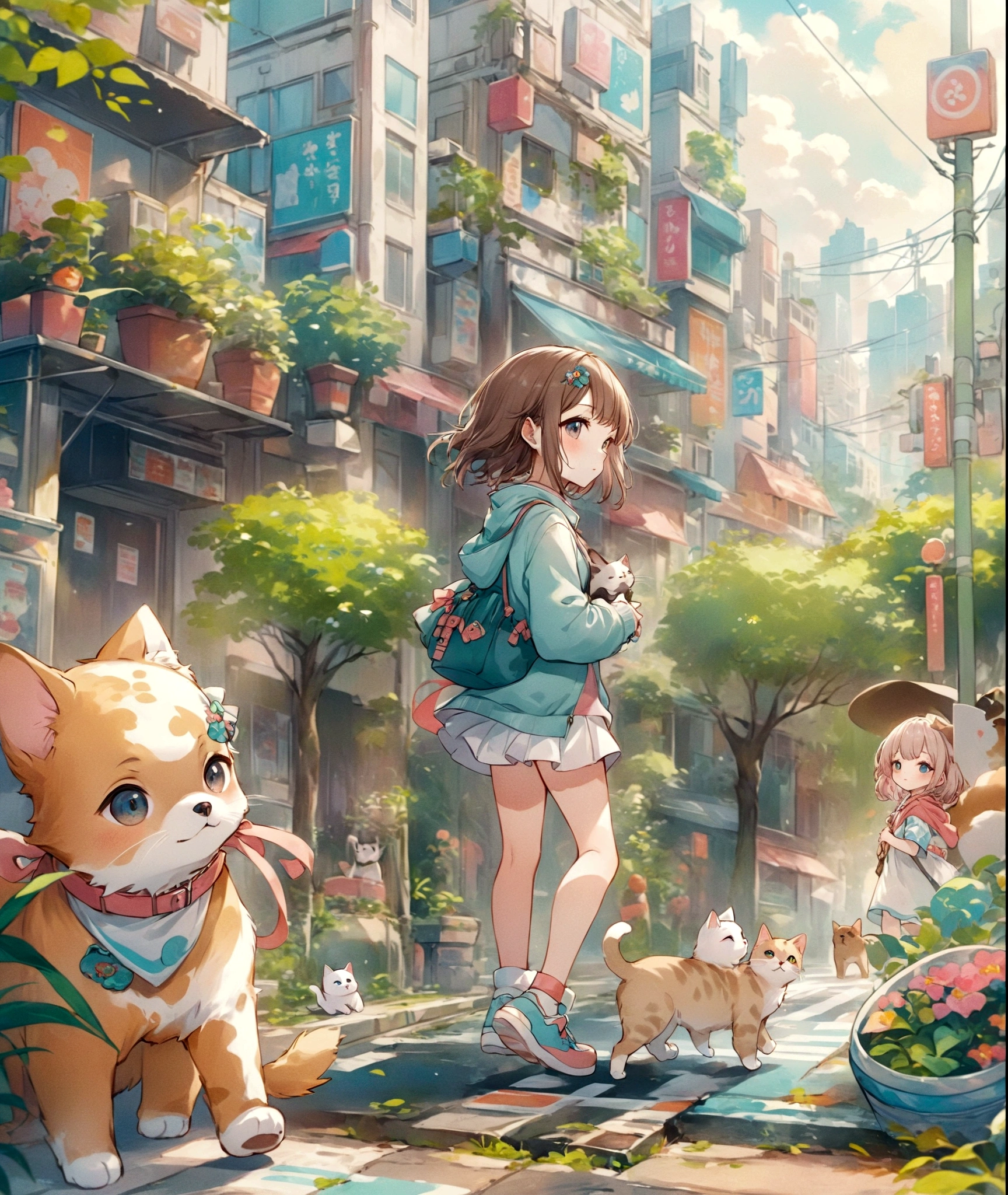 anime girl walking with a cat and a dog on a city street, anime style 4 k, kawacy, anime style illustration, lofi girl, digital anime illustration, lofi artstyle, anime background art, high detailed official artwork, forest city streets behind her, by Yuumei, lofi art, anime art wallpaper 4k, anime art wallpaper 4 k