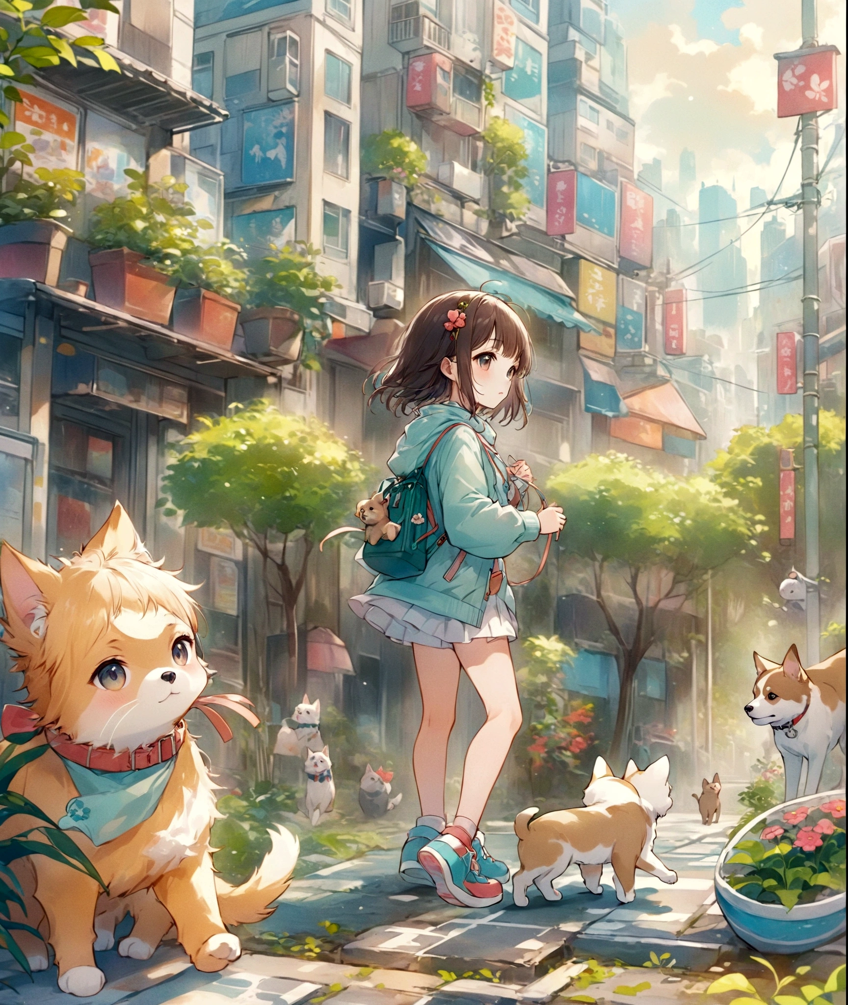 anime girl walking with a cat and a dog on a city street, anime style 4 k, kawacy, anime style illustration, lofi girl, digital anime illustration, lofi artstyle, anime background art, high detailed official artwork, forest city streets behind her, by Yuumei, lofi art, anime art wallpaper 4k, anime art wallpaper 4 k