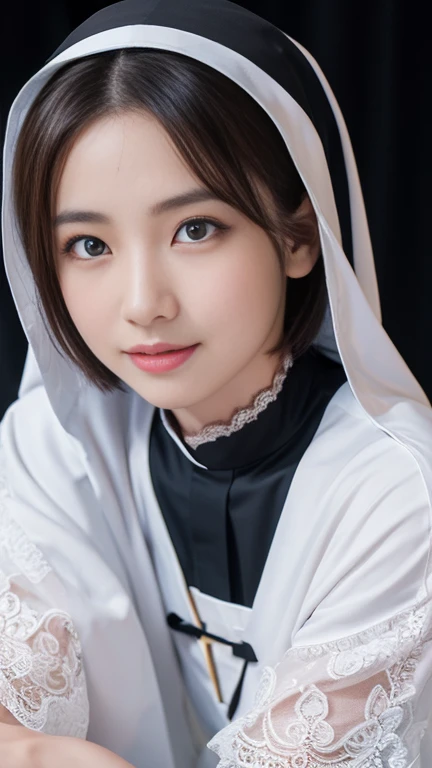 (She sits with her legs apart:2.0),(Orgasm:2.0),(A Ultra cute young Japanese nun:1.75),(she wearing a decorated with lace nun costume slim fit:2.0),(beautiful detailed eyes:2.0),beautiful detailed lips, (extremely detailed cute face:2.0), longeyelashes, (slender woman body and legs:2.0), (beautiful short hair:2.0), (natural makeup,big smile:1.5), incredibly beautiful skin,(professional lighting, bright lighting, photorealistic, 8k, high resolution, best quality, masterpiece, ultra-detailed:1.75), vivid colors, (Moonlit Night:1.5),(The moonlight shines on her face:1.2),(She is in the convent:1.2)
