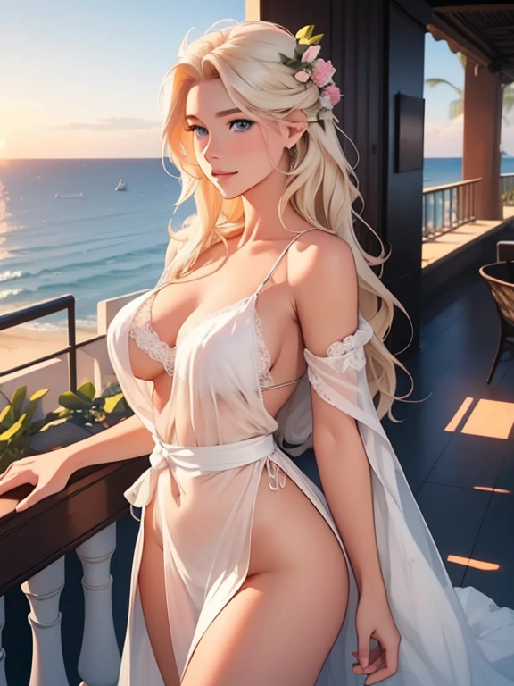 Early morning, sunrise, light breeze, on the balcony of a luxury hotel there is an incredibly beautiful young femme blonde with blue eyes and long golden hair reaching to her waist, she is wearing a beautiful silk translucent lace negligee, through which you can see her rounded neat big breasts with sharp pink nipples and large halos, romantic appearance, sunrise the sun. the ocean breeze. Masterpiece, beautiful face, beautiful facial features, perfect image, realistic photos, full-length image, 8K, detailed image, extremely detailed illustration, a real masterpiece of the highest quality, with careful drawing. glow. In full growth. sharp nipples, beautiful big breasts, pink halos, a seductive smile.