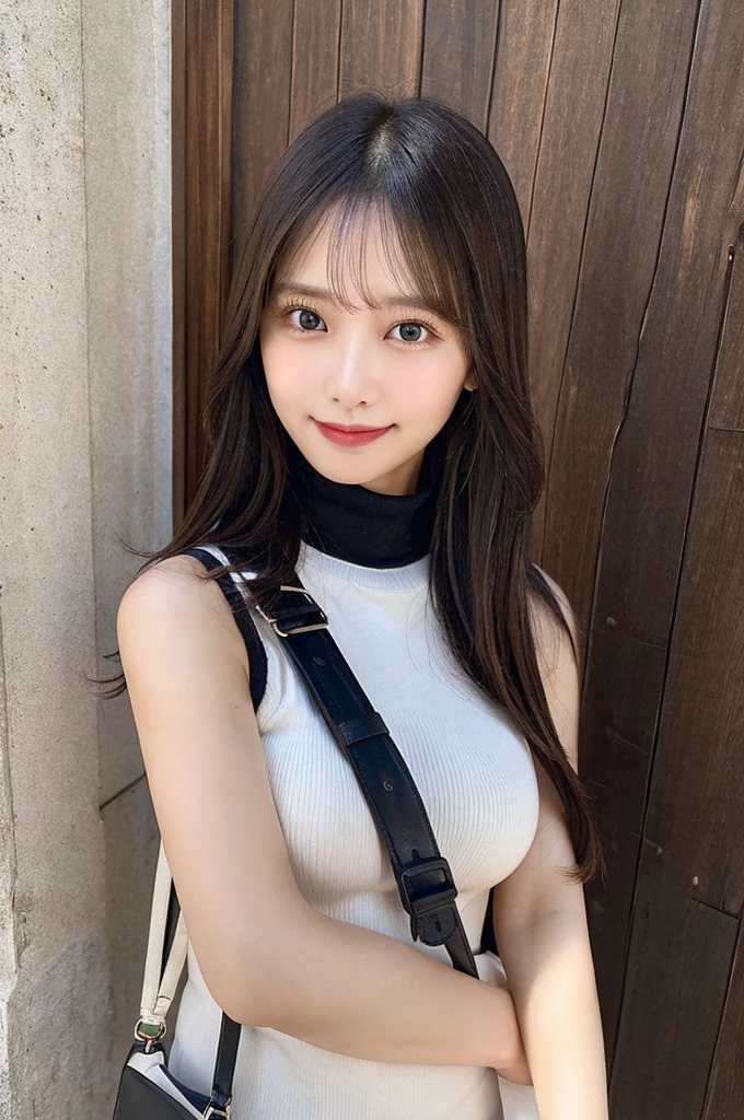 ((paisura))、Big Tits、crossbody, strap between breasts、double eyelid、big 、Highest quality, shape, Very detailed, Fine details, High resolution, 8k, Perfect dynamic composition, Beautiful details, ,Natural color lip, A shy smile,Beautiful 20 year old woman、The only person, Correct posture、Cute type、Looking into the camera、Turtleneck Sleeveless、Paisura、Hold the strap of your bag between your chest、One bag、Black Hair