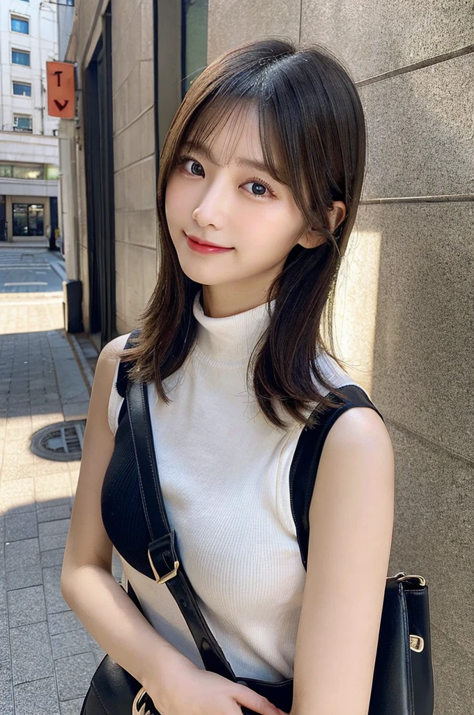 ((paisura))、Big Tits、crossbody, strap between breasts、double eyelid、big 、Highest quality, shape, Very detailed, Fine details, High resolution, 8k, Perfect dynamic composition, Beautiful details, ,Natural color lip, A shy smile,Beautiful 20 year old woman、The only person, Correct posture、Cute type、Looking into the camera、Turtleneck Sleeveless、Paisura、Hold the strap of your bag between your chest、One bag、Black Hair