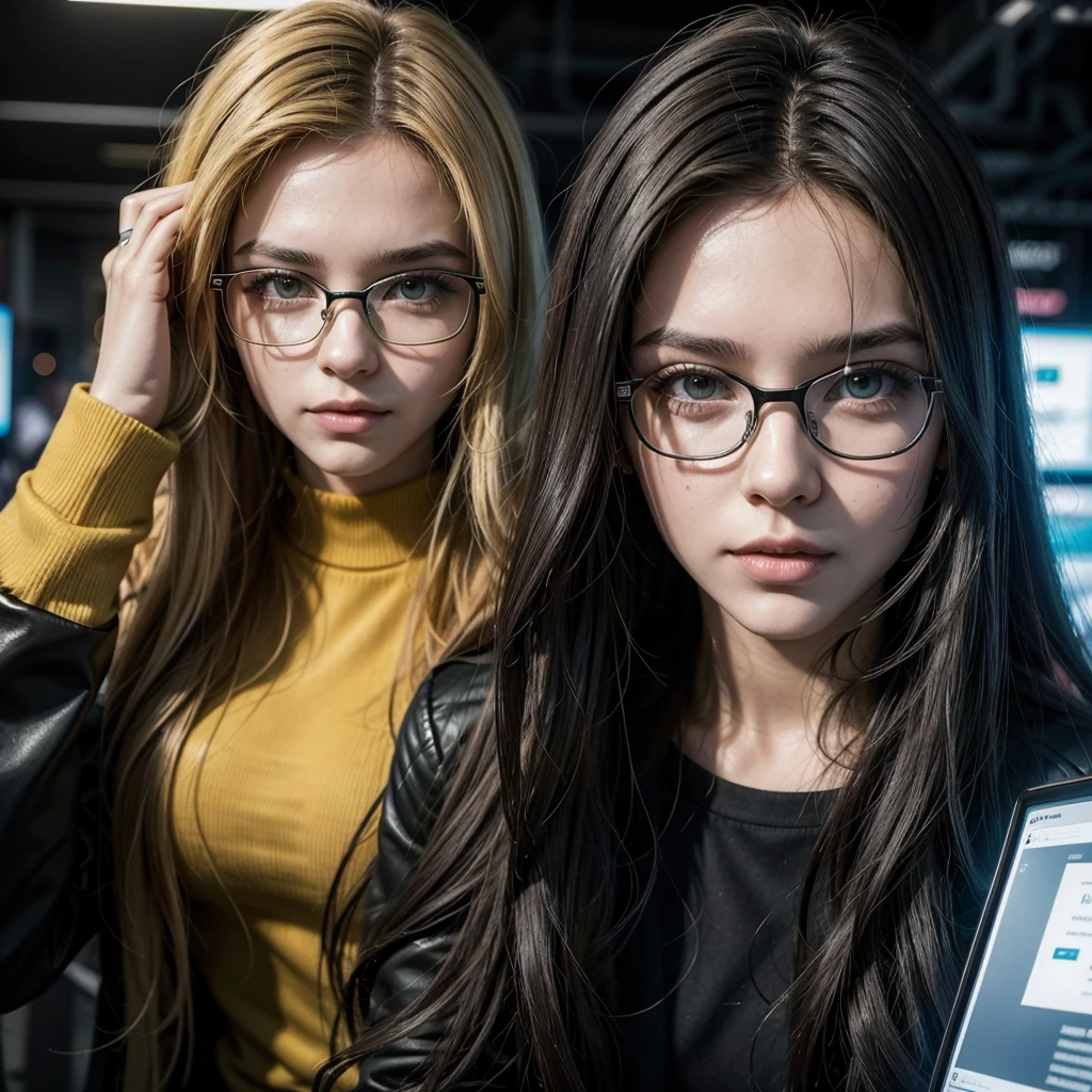 Imagem de jovem feminina, European, cabelo loiro  amarelo, olhos verdes, With glasses, cyberpunk, cybersecurit, estilo hacker, em frente ao computador 

