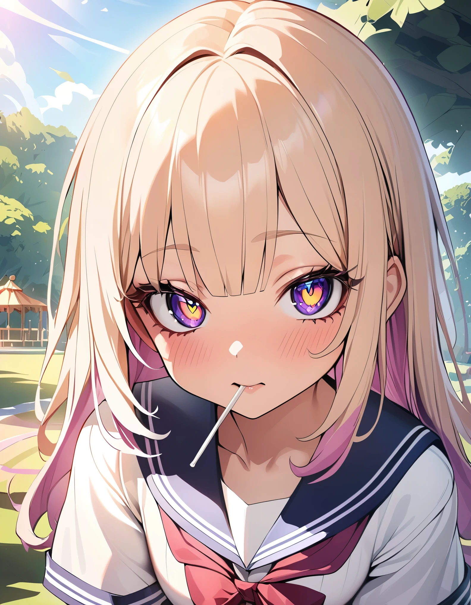 1 girl, JK, Sailor suit, 美味しそうにLollipopを咥える女性, Face Close Up:1.2, Lollipop, Lollipopを手に持って, Staring at the audience, Beautiful face, Shiny Hair, Long eyelashes, Detailed glowing eyes, Blushing, Beautiful illustrations, Natural light, at the park, wood々Background, Gazebo, Delicious footage, High resolution, masterpiece:1.2, High Detail, high quality.