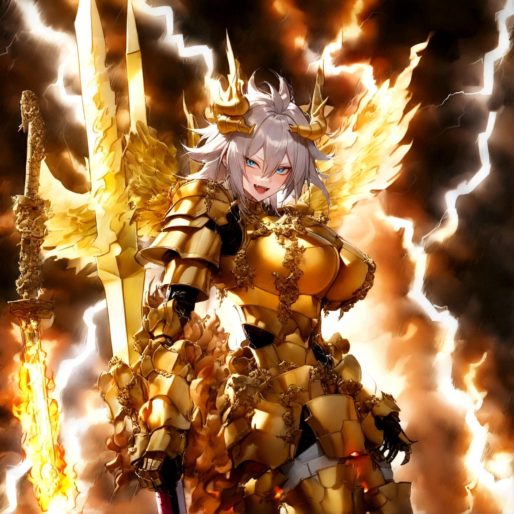 ((Lightning Power)), ((Electricity)), ((Fire Background)), ((Lightning Storm)), ((Power Erupting)), ((Explosion)),((((android 21 Evil)))), (((white Coat))), (((Busty))), (((((Big breast:1,3)))), luxury bustier corset, (((silver hair))), (((Very slim waist))), propotional body, ((Gorgeous)), (((Fire Blazing Horns))), ((((gold wings))), masterpiece, hyperdetail, ambient effect, digital effect, (((Fangs))), (((FIRE SWORD)), (((Lightning Sword))), (((Fire Gold Armor))), (((Lightning Gold Wings))), (((Gold Shield)))

