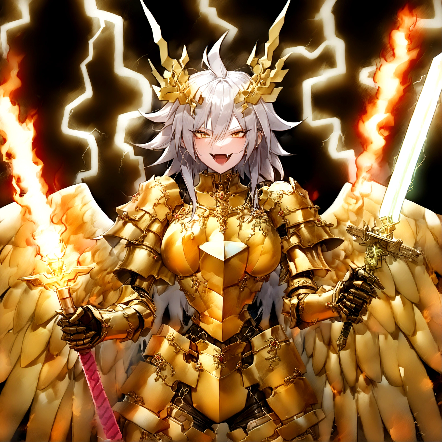((Lightning Power)), ((Electricity)), ((Fire Background)), ((Lightning Storm)), ((Power Erupting)), ((Explosion)),((((android 21 Evil)))), (((white Coat))), (((Busty))), (((((Big breast:1,3)))), luxury bustier corset, (((silver hair))), (((Very slim waist))), propotional body, ((Gorgeous)), (((Fire Blazing Horns))), ((((gold wings))), masterpiece, hyperdetail, ambient effect, digital effect, (((Fangs))), (((FIRE SWORD)), (((Lightning Sword))), (((Fire Gold Armor))), (((Lightning Gold Wings))), (((Gold Shield)))